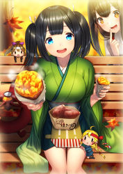 Rule 34 | 4girls, :d, abyssal ship, akagi (kancolle), autumn, autumn leaves, bench, black hair, blonde hair, blue eyes, box, breasts, brown eyes, brown hair, commentary request, drooling, enemy lifebuoy (kancolle), fairy (kancolle), food, green hakama, green kimono, hakama, hakama short skirt, hakama skirt, holding, holding food, japanese clothes, kantai collection, kimono, large breasts, leaf, long hair, long sleeves, looking at viewer, maple leaf, multiple girls, open mouth, short hair, sitting, skirt, smile, souryuu (kancolle), sweet potato, twintails, unowen, wide sleeves