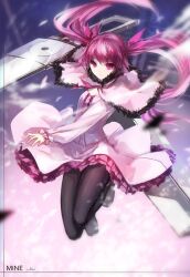 Rule 34 | 1girl, akame ga kill!, black pantyhose, capelet, closed mouth, dress, flower, frilled dress, frills, hair between eyes, hair ribbon, heart, highres, lolita fashion, long hair, long sleeves, mine (akame ga kill!), neck ribbon, pantyhose, pink hair, pink ribbon, red eyes, ribbon, short dress, simple background, sitting, solo, twintails, twitter username, very long hair, white background, white capelet, white dress, yellow flower