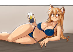 Rule 34 | 1girl, :3, animal ears, arm support, ass, beer can, blue panties, blush stickers, bra, breasts, can, cat ears, cat girl, cat tail, curvy, drink can, fang, fingernails, furry, furry female, goya (lucyfer), highres, large breasts, long hair, looking at viewer, lucyfer, lying, nail polish, navel, original, panties, shiny clothes, simple background, smile, solo, tail, thong, underwear, very long hair, wide hips