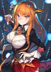 Rule 34 | 1girl, 92m, breasts, cleavage, cleavage cutout, clothing cutout, commentary request, dragon girl, dragon tail, hand on own hip, highres, hololive, horns, kiryu coco, kiryu coco (1st costume), large breasts, long hair, looking at viewer, orange hair, partial commentary, pointy ears, purple eyes, red skirt, skirt, solo, tail, v, virtual youtuber