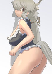 Rule 34 | 1girl, absurdres, alternate costume, animal ears, ass, bad id, bad pixiv id, bare arms, bare shoulders, breasts, brown eyes, extra ears, frills, gradient background, grey background, grey hair, hair over one eye, highres, horns, huge breasts, kemono friends, light blush, long hair, looking at viewer, one eye covered, simple background, solo, tail, very long hair, yak (kemono friends), zuchi00