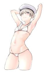 Rule 34 | 1girl, armpits, arms behind back, bad id, bad tumblr id, bikini, blonde hair, blue eyes, blush, closed mouth, covered erect nipples, cowboy shot, cropped legs, flat chest, hands up, hat, highres, hometa, kantai collection, looking at viewer, navel, sailor hat, simple background, smile, solo, standing, swimsuit, white background, white bikini, white hat, z1 leberecht maass (kancolle)