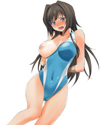 Rule 34 | 1girl, a1 (initial-g), arms behind back, black eyes, black hair, blush, breast slip, breasts, cameltoe, cleft of venus, competition swimsuit, large breasts, long hair, muv-luv, muv-luv alternative, muv-luv total eclipse, nipples, one-piece swimsuit, one-piece tan, one breast out, simple background, solo, sweat, swimsuit, takamura yui, tan, tanline, wardrobe malfunction, white background