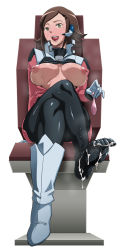 Rule 34 | 10s, 1girl, black pantyhose, boots, breasts, breasts apart, brown hair, butcha-u, chair, clothes lift, condom, crossed legs, cum, cum on body, cum on clothes, cum on feet, cum on lower body, earpiece, feet, footjob, gloves, green eyes, gundam, gundam age, large breasts, military, military uniform, millais alloy, naughty face, nipples, no bra, pantyhose, penis, puffy nipples, shirt lift, shoes, single shoe, solo, steam, sweat, uniform, used condom
