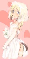 Rule 34 | 1girl, alternate hairstyle, ass, blonde hair, blue eyes, bouquet, bridal veil, dress, elbow gloves, erica hartmann, flat ass, flat chest, flower, gloves, heart, looking back, oven mitts, shimada fumikane, sketch, smile, solo, strike witches, tail, thighhighs, veil, wedding dress, world witches series