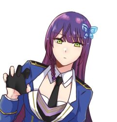 Rule 34 | 1girl, arms at sides, assault lily, black gloves, black necktie, blue jacket, braid, breasts, butterfly hair ornament, claw pose, closed mouth, collared shirt, epaulettes, funada kiito, gloves, green eyes, hair ornament, half gloves, hand up, jacket, large breasts, long hair, looking at viewer, mole, mole under eye, necktie, nigari (ngari 0115), partially fingerless gloves, purple hair, shirt, side braid, simple background, single braid, solo, upper body, white background, white shirt