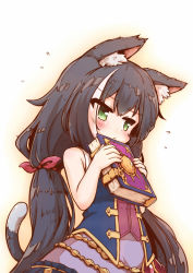 Rule 34 | 1girl, :&lt;, animal ear fluff, animal ears, bare shoulders, black hair, blush, book, cat ears, cat girl, cat tail, commentary request, dress, green eyes, hair ribbon, highres, holding, holding book, kareya, karyl (princess connect!), long hair, low twintails, multicolored hair, pout, princess connect!, red ribbon, ribbon, simple background, sleeveless, sleeveless dress, solo, streaked hair, tail, tail raised, twintails, very long hair, white hair