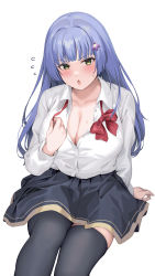 Rule 34 | 1girl, :o, absurdres, black thighhighs, blush, bow, bowtie, breasts, character request, cleavage, collarbone, collared shirt, flower, hair flower, hair ornament, highres, indie virtual youtuber, large breasts, long hair, looking at viewer, mrpeanut 88, open clothes, open mouth, open shirt, pleated skirt, purple hair, shirt, simple background, sitting, skirt, solo, thighhighs, unbuttoned, unbuttoned shirt, untied ribbon, white background, white shirt, zettai ryouiki