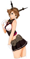 Rule 34 | 10s, 1girl, bad id, bad pixiv id, bare shoulders, breasts, brown eyes, brown hair, gloves, hairband, headgear, highres, kantai collection, looking at viewer, midriff, mutsu (kancolle), ojipon, short hair, simple background, skirt, smile, solo
