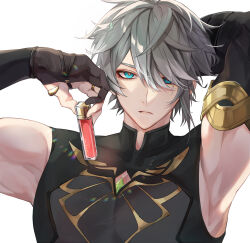 Rule 34 | 1boy, alhaitham (genshin impact), armpits, arms up, biceps, black gloves, black shirt, closed mouth, commentary request, compression shirt, cosmetics, elbow gloves, expressionless, gem, genshin impact, gloves, gold trim, green eyes, green gemstone, grey hair, hair over one eye, highres, holding, holding lipstick tube, lipstick tube, looking at viewer, male focus, parted bangs, partially fingerless gloves, shirt, short hair, sidelocks, simple background, sleeveless, sleeveless shirt, solo, swept bangs, unagi to kame, upper body, white background, white day