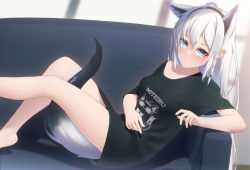 Rule 34 | 1girl, ahoge, animal ears, bare legs, between legs, black shirt, blurry, blurry background, blush, braid, commentary request, couch, earrings, extra ears, fox ears, fox girl, fox tail, green eyes, hair between eyes, hairband, hololive, indoors, jewelry, knees up, long hair, looking at viewer, miteiru (shirakami fubuki), pentagram, shirai yu, shirakami fubuki, shirt, short sleeves, sidelocks, single braid, sitting, solo, tail, tail between legs, virtual youtuber, white hair