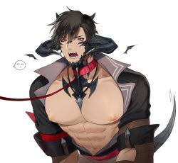 Rule 34 | 1boy, abs, animal collar, au ra, bara, bare pectorals, beard, black shirt, brown hair, bursting pectorals, collar, demon boy, demon horns, demon tail, dragon boy, dragon horns, dragon tail, facial hair, fangs, final fantasy, final fantasy xiv, highres, horns, large pectorals, male focus, muscular, muscular male, navel, nipples, open clothes, open mouth, open shirt, pectorals, red eyes, scales, seum (kao husband), shirt, short hair, solo, stomach, tail, tail wagging, upper body, warrior of light (ff14), white background