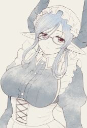 Rule 34 | 1girl, absurdres, blue hair, breasts, closed mouth, collared dress, commentary, dragon girl, dragon horns, dress, glasses, grey background, hat, higemaccho, highres, horns, long sleeves, looking at viewer, maid, maid headdress, medium breasts, melusine (housamo), mob cap, muted color, pointy ears, puffy long sleeves, puffy sleeves, short hair with long locks, simple background, solo, tokyo houkago summoners, upper body