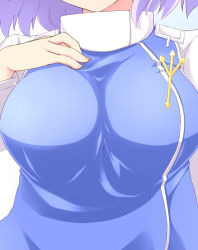 Rule 34 | 1girl, batsu, breast suppress, breasts, close-up, female focus, head out of frame, large breasts, letty whiterock, light purple hair, solo, touhou