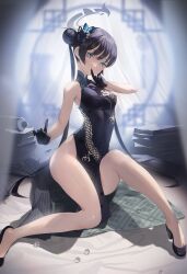 Rule 34 | 1girl, bare shoulders, black dress, black gloves, black hair, blue archive, blue eyes, braid, braided bun, breasts, butterfly hair ornament, china dress, chinese clothes, double bun, dragon print, dress, gloves, grey eyes, grey jacket, hair bun, hair ornament, halo, highres, jacket, kisaki (blue archive), long hair, looking at viewer, mhk (mechamania), pelvic curtain, print dress, short dress, side slit, sitting, sleeveless, sleeveless dress, small breasts, solo, striped clothes, striped jacket, twintails, unworn jacket, vertical-striped clothes, vertical-striped jacket