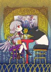 Rule 34 | 1girl, animal, anteater, blue eyes, blush, book, boots, braid, breasts, brown footwear, champagne flute, cup, different reflection, doremy sweet, drinking glass, flower, french braid, highres, holding, holding book, indoors, jizeru (giselebon), kishin sagume, crossed legs, long sleeves, mirror, portrait (object), red eyes, reflection, short hair, silver hair, single wing, sitting, skirt, solo, table, tail, tapir, tapir tail, touhou, translation request, vase, wings