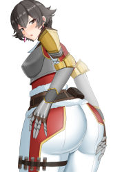 Rule 34 | 1girl, armor, ass, black eyes, black hair, blush, breastplate, breasts, cameltoe, fiorayne (monster hunter), from behind, gauntlets, hand on ass, huge ass, looking back, looking down, monster hunter (series), monster hunter rise, pants, short hair, sideboob, solo, tight clothes, tight pants, yuzu kiro