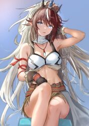 Rule 34 | 1girl, absurdres, arknights, arm behind head, armpits, bare shoulders, black gloves, blue eyes, breasts, brown hair, commentary request, crop top, fake horns, gloves, hair between eyes, highres, horns, jewelry, kirin (armor), kirin r yato (arknights), large breasts, long hair, looking at viewer, midriff, mole, mole under eye, monster hunter (series), navel, necklace, open mouth, pointy ears, sitting, solo, sora mame (princess 0sora), yato (arknights)