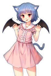 Rule 34 | 1girl, animal ear fluff, animal ears, bat wings, blue hair, blush, cat ears, cat tail, dress, fang, highres, kemonomimi mode, looking at viewer, open mouth, pink dress, puffy short sleeves, puffy sleeves, red eyes, remilia scarlet, shone, short hair, short sleeves, simple background, smile, solo, tail, touhou, white background, wings