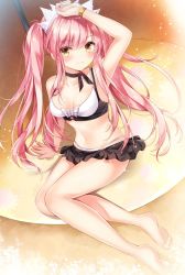 Rule 34 | 1girl, arm support, arm up, armpits, bare arms, bare legs, bare shoulders, barefoot, bikini, bikini skirt, black choker, bracelet, breasts, choker, closed mouth, collarbone, fate/grand order, fate (series), jewelry, long hair, looking at viewer, medb (fate), medb (swimsuit saber) (fate), medb (swimsuit saber) (second ascension) (fate), medium breasts, navel, nogi takayoshi, pink hair, sidelocks, sitting, smile, solo, swimsuit, tiara, twintails, very long hair, white bikini, yellow eyes