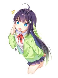 Rule 34 | 1girl, :d, ahoge, bad id, bad pixiv id, black hair, blue eyes, blue skirt, bow, bowtie, collared shirt, commentary request, copyright request, cropped legs, green hair, green jacket, hand to own mouth, highres, jacket, long hair, long sleeves, looking at viewer, moong gya, multicolored hair, off shoulder, open clothes, open jacket, open mouth, pleated skirt, red bow, red bowtie, school uniform, shirt, signature, simple background, skirt, smile, solo, streaked hair, very long hair, white background, white shirt