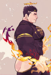 Rule 34 | 1boy, ass, bad id, bad pixiv id, bara, black bodysuit, black hair, blush, bodysuit, bursting pectorals, facial hair, fire, flaming halo, flaming hand, from side, halo, highres, hip vent, large pectorals, looking at viewer, male focus, mature male, muscular, muscular male, pectorals, po fu, short hair, sideburns, solo, stomach, stubble, thick thighs, thighs, tokyo houkago summoners, zabaniyya (housamo)