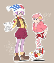 Rule 34 | 1boy, 1other, blue eyes, blush stickers, coffeelove sb, creature and personification, cropped jacket, earrings, gloves, hair ornament, hands on own hips, hat, highres, jester cap, jewelry, kirby, kirby (series), marx (kirby), nintendo, personification, pink hair, purple eyes, purple hair, shoes, short hair, single earring, sneakers, star (symbol), star hair ornament, suspenders, vest, white gloves, wristband