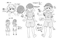Rule 34 | 1girl, :3, animal ears, apron, barefoot, cabbie hat, closed mouth, collarbone, commentary request, face, flat cap, floppy ears, full body, greyscale, hand on headwear, happy, hat, highres, looking at viewer, midriff, monochrome, multiple views, navel, open mouth, rabbit ears, rabbit tail, ringo (touhou), sandals, shirt, short hair, shorts, simple background, standing, striped clothes, striped shorts, tail, tanasuke, touhou, translation request, unworn hat, unworn headwear, waist apron, white background