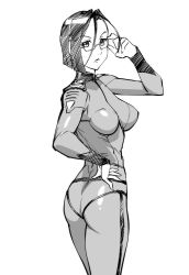 Rule 34 | 1girl, ass, bodysuit, breasts, closed mouth, glasses, greyscale, looking at viewer, monochrome, niimi kaoru, short hair, simple background, skin tight, solo, uchuu senkan yamato, uchuu senkan yamato 2199, ueyama michirou, uniform, white background