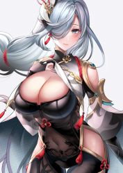 Rule 34 | 1girl, blue eyes, blue nails, bodysuit, braid, breasts, bridal gauntlets, chinese clothes, cleavage, closed mouth, covered navel, earrings, floating hair, genshin impact, hair ornament, hair over one eye, highres, hip vent, jewelry, large breasts, looking at viewer, low-braided long hair, low-tied long hair, md5 mismatch, nail polish, resolution mismatch, shenhe (genshin impact), silver hair, solo, source larger, tassel, tassel earrings, thigh gap, yukinimaru