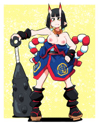 Rule 34 | 1girl, absurdres, bare shoulders, black nails, black socks, blunt bangs, blunt ends, breasts, cleavage, club (weapon), earrings, fang, full body, geta, halftone, highres, horns, jewelry, looking at viewer, medium breasts, necklace, nipples, oni, original, pointy ears, red horns, rope, scott malin, shadow, short hair, skin-covered horns, socks, solo, standing, topless, weapon, yellow eyes, yin yang