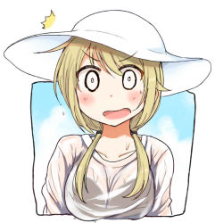 Rule 34 | 1girl, ^^^, blonde hair, blush, border, bra visible through clothes, breasts, commentary request, dripping, eyebrows visible through hat, hat, ichii yui, long hair, looking at viewer, low twintails, medium breasts, o o, open mouth, see-through, shirt, solo, surprised, sweatdrop, tatsunokosso, twintails, upper body, water drop, wavy mouth, wet, wet clothes, wet shirt, white hat, white shirt, yuyushiki