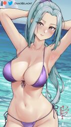 Rule 34 | 1girl, armpits, arms up, bare arms, bare shoulders, bikini, blue hair, blue sky, collarbone, commentary, damobelmont, day, english commentary, forehead, grey eyes, grin, groin, highres, jujutsu kaisen, long hair, looking at viewer, mei mei (jujutsu kaisen), navel, parted lips, ponytail, purple bikini, side-tie bikini bottom, sky, smile, solo, stomach, swimsuit, very long hair