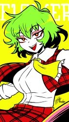 Rule 34 | 1girl, breasts, bright pupils, collared shirt, colored skin, english text, eyeshadow, fang, green eyes, jacket, kazami yuuka, large breasts, makeup, neckerchief, necktie, plaid, plaid skirt, plaid vest, quarium, red eyes, self-upload, shirt, shirt tucked in, signature, simple background, skirt, smile, solo, teeth, touhou, umbrella, vest, white skin, yellow background