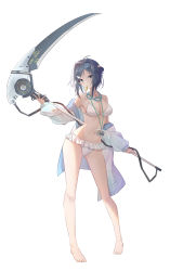 Rule 34 | 1girl, absurdres, arknights, bikini, black hair, feather hair, full body, goggles, goggles around neck, hair intakes, highres, holding, holding scythe, holding weapon, id card, la pluma (arknights), la pluma (summer flowers) (arknights), lanyard, mr yue jian, official alternate costume, scythe, short hair, standing, swimsuit, weapon, whistle, white background, white bikini, wing hair ornament
