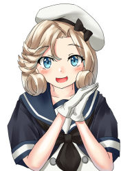 Rule 34 | 1girl, black neckwear, blonde hair, blue eyes, blue sailor collar, commentary request, dress, gloves, hat, janus (kancolle), kantai collection, looking at viewer, mayura (lucadia), one-hour drawing challenge, open mouth, own hands together, parted bangs, sailor collar, sailor dress, sailor hat, short hair, simple background, smile, solo, upper body, white background, white dress, white gloves, white hat