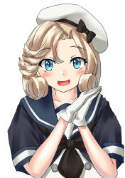 1girl black_neckwear blonde_hair blue_eyes blue_sailor_collar commentary_request dress gloves hat janus_(kancolle) kantai_collection looking_at_viewer mayura_(lucadia) one-hour_drawing_challenge open_mouth own_hands_together parted_bangs sailor_collar sailor_dress sailor_hat short_hair simple_background smile solo upper_body white_background white_dress white_gloves white_hat