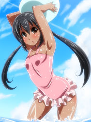 Rule 34 | 1girl, :o, armpits, arms up, ball, black hair, blush, brown eyes, cloud, day, holding, k-on!, long hair, nakano azusa, satsuki imonet, sky, solo, tan, twintails, wading, water, wet, wet clothes