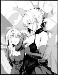 Rule 34 | 2girls, arms behind back, artoria pendragon (all), artoria pendragon (fate), braid, braided bun, breast padding, breasts, closed mouth, dress, elbow gloves, expressionless, eyelashes, fate/stay night, fate (series), gloves, greyscale, hair bun, hair ribbon, halter dress, halterneck, holding, illyasviel von einzbern, looking at another, looking down, medium breasts, monochrome, multiple girls, open mouth, puff of air, ribbon, saber alter, scarf, short hair, sidelocks, sleeveless, sleeveless dress, surprised, syatey, upper body, zoom layer