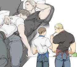 Rule 34 | 2boys, apron, back, bara, belt, black shirt, blonde hair, blue apron, brown hair, closed eyes, closed mouth, cooking, couch, couple, eating, feeding, holding, holding spoon, jack krauser, leon s. kennedy, looking at another, lying, male focus, multiple boys, muscular, muscular male, on back, on couch, on person, on stomach, pants, pillow, red apron, resident evil, resident evil: the darkside chronicles, resident evil 4, shirt, short hair, sleeping, sleeping on person, spoon, tatsumi (psmhbpiuczn), white background, white shirt, yaoi