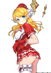 Rule 34 | 1girl, aduo, ass, blonde hair, blue eyes, blush, dress, frilled sleeves, frilled thighhighs, frills, from side, guardian tales, highres, long hair, red dress, simple background, solo, star-shaped pupils, star (symbol), swept bangs, symbol-shaped pupils, thighhighs, white background