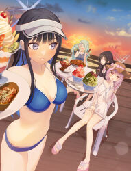 Rule 34 | 4girls, absurdres, alternate costume, aqua hair, atsuko (blue archive), bare shoulders, bikini, black hair, black jacket, blue archive, blue bikini, blush, breasts, chair, cleavage, closed eyes, cloud, colored inner hair, day, dress, eating, food, halo, highres, hiyori (blue archive), holding, holding skewer, holding tray, hood, hood up, hooded jacket, ice cream, jacket, kurape (pat1na), lens flare, long hair, looking at another, medium breasts, misaki (blue archive), monobloc (chair), multicolored hair, multiple girls, navel, open mouth, outdoors, parfait, pink hair, rice, sandals, saori (blue archive), sausage, shaved ice, short hair, sidelocks, sitting, skewer, small breasts, smile, sparkle, standing, sundae, sunset, sweatdrop, swimsuit, table, takoyaki, toes, tray, twintails, visor cap, white dress, yakisoba