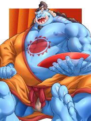 Rule 34 | 1boy, absurdres, afro, bara, bare pectorals, belly, black hair, blue skin, colored skin, cup, facial hair, fat, fat man, feet, feet out of frame, fish boy, foreshortening, from below, fundoshi, gills, goatee, hadanugi dousa, highres, huge pectorals, japanese clothes, jinbe (one piece), kanimiso (jin mochi be), kimono, large pectorals, looking at viewer, mature male, monster boy, muscular, muscular male, nipples, one piece, open clothes, open kimono, pectorals, sakazuki, sharp teeth, smile, solo, strongman waist, teeth, thick eyebrows, tusks, webbed hands
