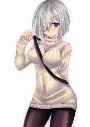 Rule 34 | 10s, 1girl, alternate costume, bag, black pantyhose, blue eyes, breasts, dress, hair ornament, hair over one eye, hairclip, hamakaze (kancolle), highres, k2 (hibiki09), kantai collection, large breasts, pantyhose, ribbed sweater, short hair, silver hair, simple background, solo, sweater, sweater dress, turtleneck