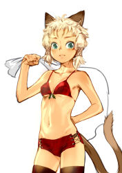 Rule 34 | 00s, 1girl, animal ears, bikini, blonde hair, branch (blackrabbits), breasts, cat ears, cat girl, cat tail, christmas, final fantasy, final fantasy xi, green eyes, mithra (ff11), navel, no panties, red bikini, red mage (final fantasy), sack, short hair, small breasts, solo, swimsuit, tail, thighhighs, underboob