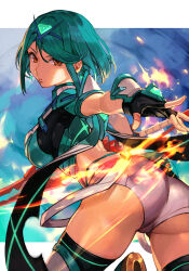Rule 34 | 1girl, aegis sword (xenoblade), alternate color, alternate eye color, ass, black gloves, black shirt, blue sky, breasts, brown hair, crop top, dangle earrings, earrings, fingerless gloves, fire, gloves, green eyes, hungry clicker, jewelry, large breasts, looking at viewer, looking back, outstretched arm, pyra (xenoblade), shirt, short hair, short shorts, short sleeves, shorts, sidelocks, sky, solo, swept bangs, sword, thighhighs, thighs, tiara, weapon, white shorts, xenoblade chronicles (series), xenoblade chronicles 2