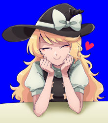 Rule 34 | 1girl, black hat, black vest, blonde hair, blouse, blue background, blush, bow, closed eyes, closed mouth, commentary request, cookie (touhou), fox eyes, hat, hat bow, head rest, heart, highres, kirisame marisa, long hair, looking at viewer, odennoden, shirt, smile, solo, star (symbol), suzu (cookie), touhou, upper body, vest, white bow, white shirt, witch hat