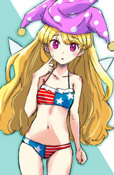 Rule 34 | 1girl, :o, absurdres, american flag bikini, bikini, blonde hair, breasts, clenched hand, clownpiece, collarbone, commentary request, cowboy shot, curious, dot nose, fairy wings, finger to face, flag print, hat, highres, jack (wkm74959), jester cap, light blush, long hair, looking at viewer, navel, open mouth, polka dot, purple eyes, purple hat, small breasts, solo, standing, swimsuit, touhou, two-tone background, wings