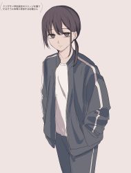 Rule 34 | 1girl, bad id, bad twitter id, black jacket, black pants, brown background, brown eyes, brown hair, closed mouth, earrings, hands in pockets, highres, jacket, jewelry, long hair, long sleeves, looking at viewer, low twintails, open clothes, open jacket, original, pants, shirt, simple background, solo, stud earrings, track jacket, track pants, track suit, translation request, tsuruse, twintails, white shirt