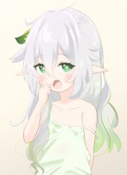 Rule 34 | 1girl, bare shoulders, commentary request, cross-shaped pupils, dress, flat chest, genshin impact, green dress, green eyes, green hair, grey hair, long hair, looking at viewer, multicolored hair, nahida (genshin impact), open mouth, pointy ears, simple background, solo, symbol-shaped pupils, yu1